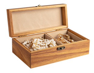 Gold and Pearl Jewelry Set Displayed in Rustic Wood Shadow Box, Front View, Isolated on Transparent Background