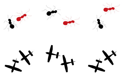 Red and black ants and silhouettes of airplanes.