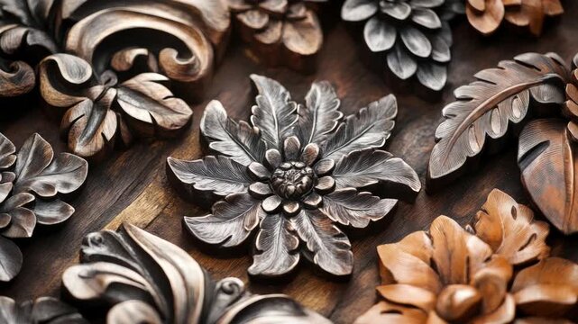 Set of ornamental carved wooden pieces in various designs, including pinecone and leaf motifs.