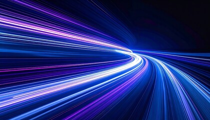 Streaking, blurred light trails curve into the distance, vibrant blues and purples