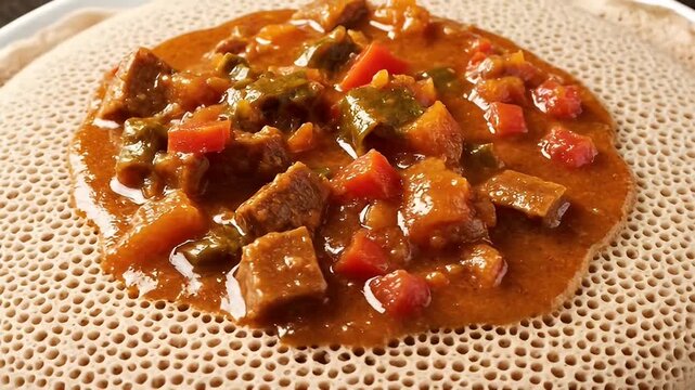 Close-up of a delicious Ethiopian Doro Wat served on Injera flatbread, a traditional delicacy