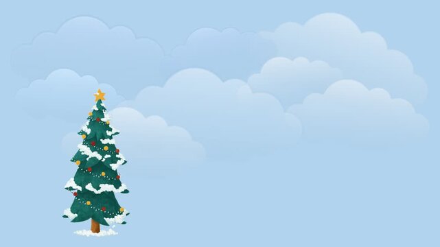 draw scenery of Christmas tree with sun and cloudy sky on blue screen background
