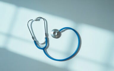 A blue stethoscope lies on a white surface with soft shadows cast across it