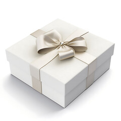 Elegant white gift box with satin ribbon and bow, perfect for luxury presents, celebrations, and special occasions, conveying surprise and joy