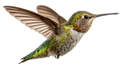 Fototapeta premium Hummingbird in flight with iridescent feathers isolated on transparent background