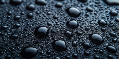 Close-up of water droplets on a dark surface, showcasing texture and reflections, highlighting the beauty of condensation.