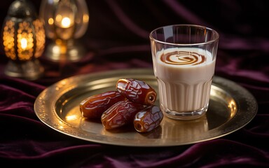 A glass of milk with a swirl of caramel sits on a brass plate with dates