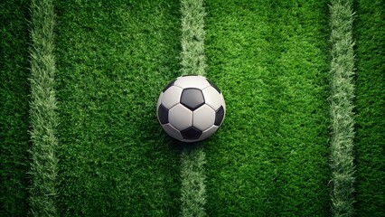 Obraz premium Soccer Ball Centered on Green Grass Field with White Lines Overhead View