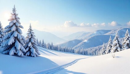 Fototapeta premium Serene winter landscape, snow-covered trees and hills under a clear sky Perfect for winter holiday, seasonal, or nature-themed projects Tranquil, peaceful, and idyllic scene , snowy, nature