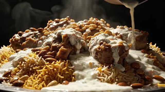 Close-up Cinematic Shot of Lamb Kabsa Rice Dish with Yogurt Sauce and Nuts