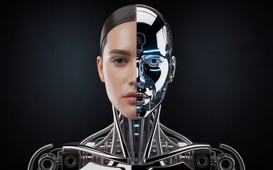 Split portrait of a female robot and a human face, symbolizing the fusion of technology and humanity in a futuristic concept