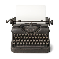 Antique black typewriter with blank white paper sheet isolated on a transparent background