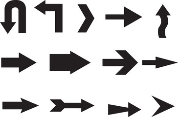 A diverse collection of fourteen black arrow icons and symbols on a white background.