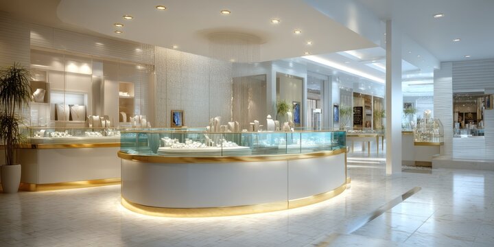 A brightly lit jewelry store display dominates the foreground, featuring a curved, white counter with gold accents and numerous glass display cases filled with sparkling jewelry. 