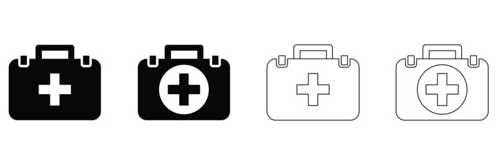 First Aid Kit Box and Medical Briefcase Icon Set – Emergency Healthcare Equipment and Hospital
 Safety Symbols Vector Illustration