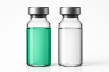 Two medical glass vials with metallic caps one filled with green liquid and the other with clear liquid on a white background