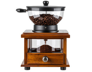 Modern Electric Coffee Grinder with Transparent Hopper and Cascading Coffee Grounds, Front View, Isolated on Transparent Background