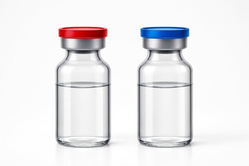 Two clear glass vials with liquid inside and colored stoppers one red and one blue isolated on a white background