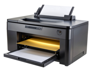  Angled View of Smart Office Printer with Animated Golden Paper Flowing Out, Transparent Background