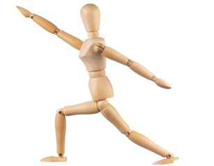 Wooden Mannequin in Dynamic Action Pose with Raised Arm and Bent Knee, Side Angle, Transparent Background