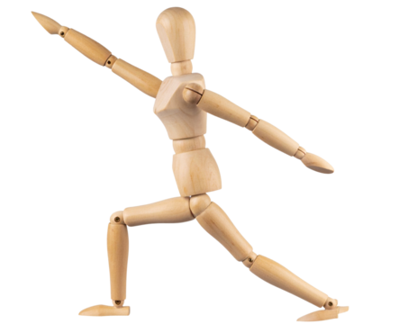 Wooden Mannequin in Dynamic Action Pose with Raised Arm and Bent Knee, Side Angle, Transparent Background - Powered by Adobe