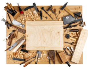 Top-Down View of Messy Artisan Workbench with Scattered Tools and Wood Shavings, Transparent Background