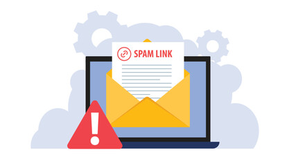 Spam Link in an Email Message. Spam link alert with broken chain, phishing link warning. SEO danger from spam link tactics and spammy links, harmful backlink strategy and low-quality backlinks