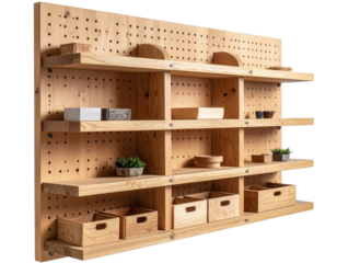  Angled Side View of Minimalist Oak Pegboard with Hanging Wooden Shelves and Storage Bins, Transparent Background