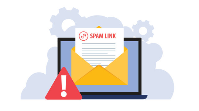 Spam Link in an Email Message. Spam link alert with broken chain, phishing link warning. SEO danger from spam link tactics and spammy links, harmful backlink strategy and low-quality backlinks
