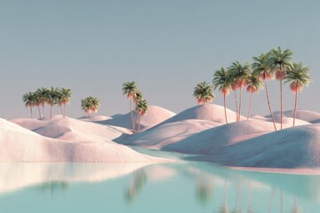 Dreamy Pink Desert Island with Palm Trees and Turquoise Water