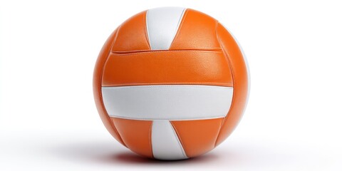 A vibrant orange volleyball rests on a stark white surface. The ball features bold white stripes diagonally across its surface, creating a visually striking pattern. The lighting is bright and even, 