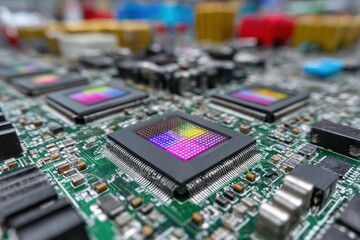 Obraz premium A detailed view of a complex circuit board, showcasing advanced technology and intricate components, symbolizing modern electronics and computing
