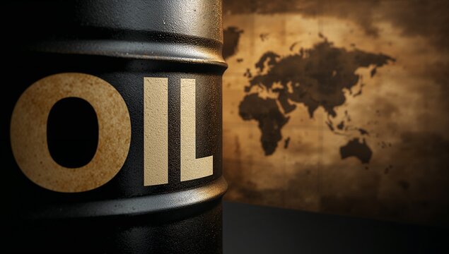 Ultra-realistic close-up of a steel oil barrel with bold OIL text, soft blurred world map background, warm industrial lighting, right-side negative space ideal for mockup, banner, or corporate energy - Powered by Adobe