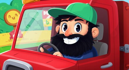 Cartoon style illustration of a bearded man driving a red truck with a happy sign