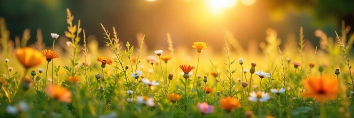 Golden sunlight bathes a vibrant meadow in summer, wildflowers in full bloom, creating a picturesque scene of idyllic natural beauty Perfect for nature, summer, or travel themes , scenery, natural