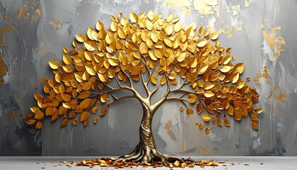 Golden tree sculpture on a textured wall