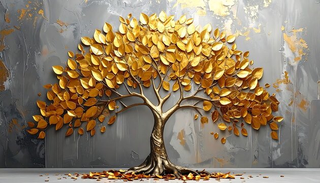 Golden tree sculpture on a textured wall - Powered by Adobe