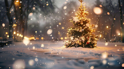 Snowy Christmas Tree with Holiday Lights
Winter Night with Decorated Christmas Tree