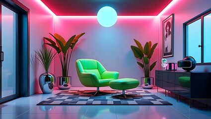 A modern living room with a green armchair, plants, and neon lights creating a cozy vibe