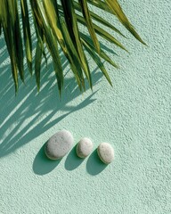Obraz premium Minimalist tropical flat lay with palm shadow and stones