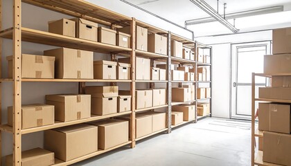 Warehouse shelves filled with cardboard boxes in logistics storage space