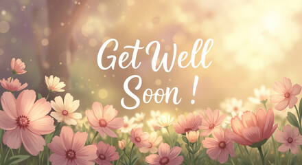 Floral background with 'Get Well Soon!' message in soft colors  