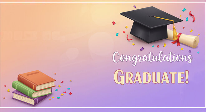 Graduation celebration graphic with diploma, cap, and books  
