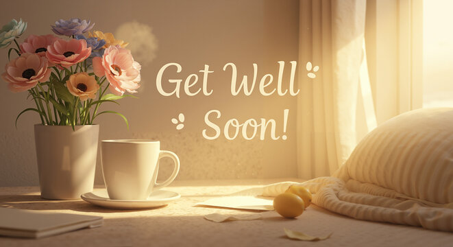 Cozy bedside with flowers and mug promoting get well soon message  