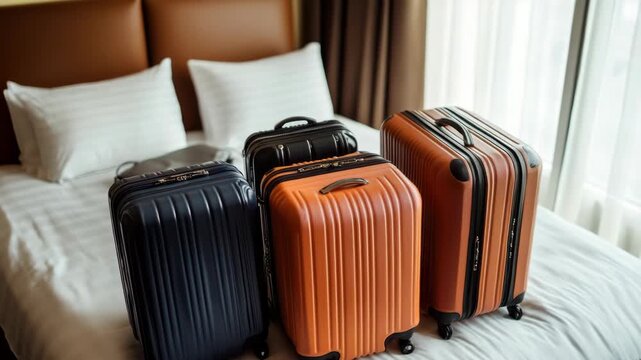 Three suitcases stacked neatly on a bed in a hotel room, suggesting travel plans and packing for an upcoming journey.
