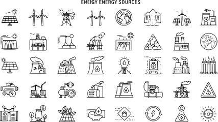 Energy sources, sustainable vs harmful. Vector thin line icons with eco and fossil fuel plants, factories, stations and energy generators