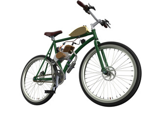 Fototapeta premium Antique motorized bicycle, a detailed render of a green-framed two-wheeler. This classic 'freedom machine' features a petrol engine and iconic fuel tank, isolated on a transparent HD background for