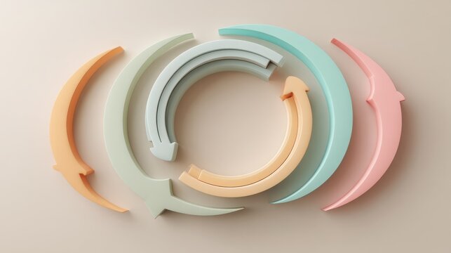 A minimalist image features five pastel-colored, curved arrow shapes arranged in a circular pattern. Each arrow points clockwise, creating a visual representation of a cyclical process or continuou..