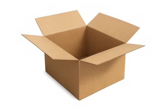 Open cardboard box on transparent background for delivering goods