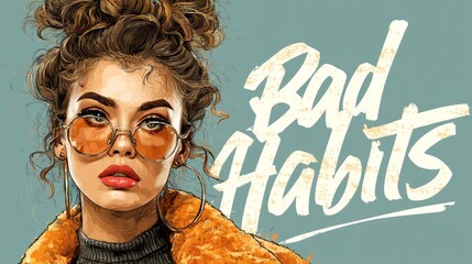 A striking digital illustration depicts a young woman with a fierce and captivating expression. She sports oversized, round, amber-tinted sunglasses and a messy, voluminous bun hairstyle...